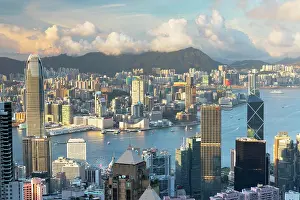 Traditionally Prints: Skyline of Hong Kong Island and Kowloon, Hong Kong, China, Asia