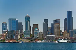Ferry Prints: Skyscrapers at the waterfront, Seattle, Washington State, USA