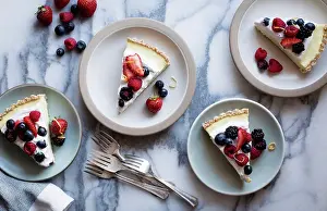 Dessert Prints: Sliced No-Bake Lemon Berry Coconut Cream Tart with fresh berries (vegan)