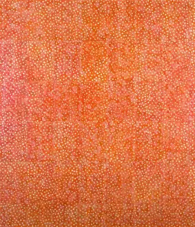 Contemporary Prints: Small circles are built up with encaustic medium to create tiny Pearl Drops” set against a background of orange collage