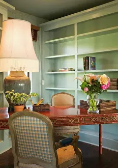 Interior Design Prints: Small desk with chair and a large table lamp