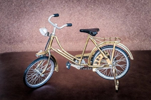 Saddle Prints: Small gold color toy bicycle on brown leather cushion