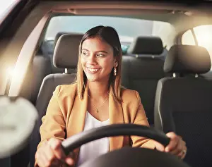 Commute Prints: Smile, driving and business woman in car to travel