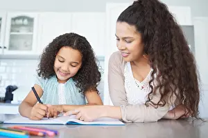 Question Prints: Smile, mom and help to girl, homework and teaching of math