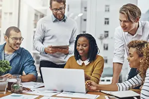 Paperwork Prints: Smile, people and meeting with laptop in office for project research