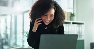 Funding Prints: Smile, phone call and business woman at laptop with contact