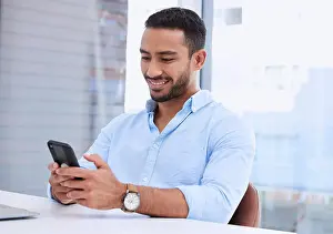 Smart Prints: Smile, phone and search with business man in office for technology