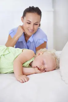 Sleep Prints: Smile, sleeping and mother with baby on bed for bonding