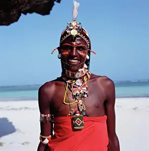 Indian Ocean Prints: Smiling Samburu tribesman on Diani Beach, Mombasa Coast, Kenya