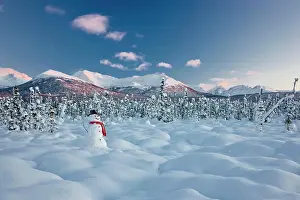 Snowman Prints: A snowman standing in snow covered tundra at sunset