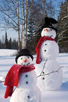 Snowman Prints: Snowmen In Forest After Making Snow Angel Imprint In Snow Alaska Winter