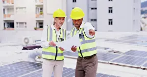 Paperwork Prints: Solar panel, blueprint and people in city for planning