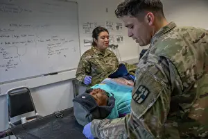 Soldiers of the 546th Medical Company Area Support participate in a Mission Rehearsal Exercise where they provide