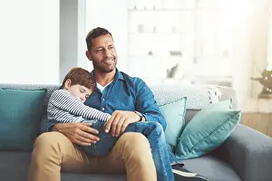 Exhausted Prints: Son, man thinking and sleeping hug in home