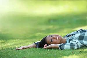 Mockup Prints: Space, thinking or woman on grass in park to relax for rest in garden