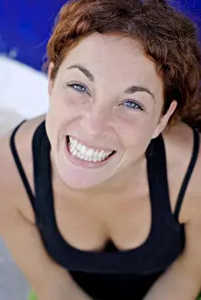 Redhead Prints: Spain, Balearic Islands, Ibiza, Portrait of smiling young woman with red hair