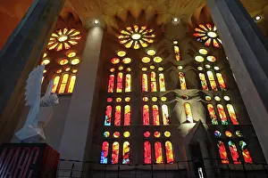 Stained Prints: Spain, Catalonia, Barcelona, Interior of the Sagrada Familia designed by Antoni Gaudi
