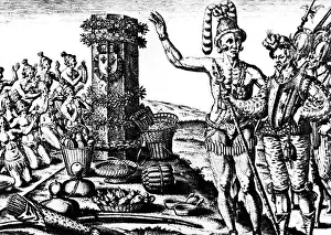 Large Group Of People Prints: Spanish colonizers meeting south-american indians historic illustration