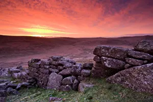 Dawn Prints: Spectacular sunrise over Dartmoor´s moorland from Irishmans Wall on Belstone Common