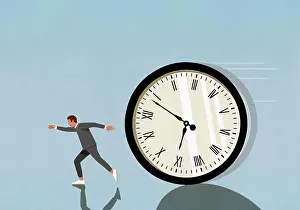 Deadline Prints: Speeding clock chasing running businessman