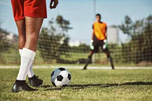 Prepare Prints: Sports, soccer field and legs of athlete with goalkeeper ready for penalty kick