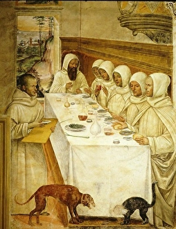 St BENEDICT of Nursia, 480-550, and his monks eating in the refectory, fresco
