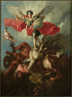 St. Michael Archangel hurls the rebellious angels down to the abyss (Revelation 12:7-9). unknown, painter