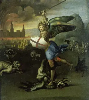Angel Prints: St. Michael and the Dragon c.1505 Raphael (1483-1520/Italian) Oil on Wood Panel Musee du Louvre