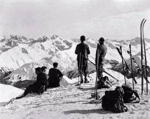 Alps Prints: St. Moritz, Switzerland: c. 1925. A skiing party near St. Moritz in the Swiss Alps