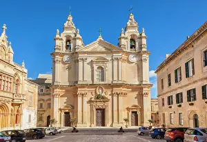 Mediaeval Prints: St. Pauls Cathedral and St. Pauls Square inside the medieval walled city of Mdina