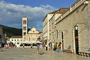 Cafe Prints: St Stephen's square and Cathedral, Hvar city, Hvar island, Croatia, Southeast Europe