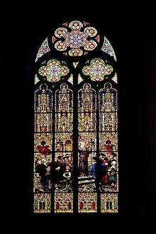 Handicraft Prints: Stained glass window with Martin Luther's posting of 95 theses at the castle church in Wittenberg