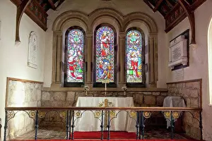 Glass Material Prints: Stained Glass Windows At The Altar Of A Church, Northumberland England