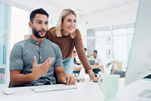 Startup, strategy and team at computer in office for website ux planning