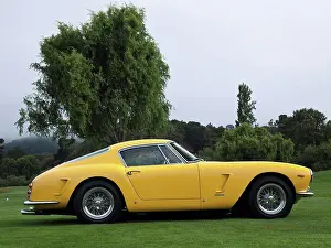 Static Prints: Static profile view of a yellow 1959 Ferrari 250 GT Berlinetta SWB parked on green grass lawn
