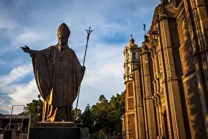 Culture Prints: Statue of Pope John Paul II and Old Basilica Our Lady of Guadalupe, Mexico City, Mexico