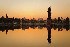 Gujarat Prints: Statue of Shiva rising out of a Lake Sur Sagar in the centre of Vadodara