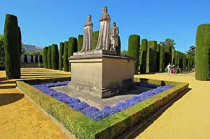 Commemoration Prints: Statues of Queen Isabel, King Fernando and Christopher Columbus in the gardens of Alcazar de los Reyes Cristianos