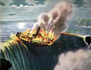 Wreck Prints: The steamer Caroline drifting over Niagara Falls