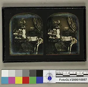 Composition Prints: Stereo-daguerreotype from 1852 by Hermann Krone depicting a still life composition with objects arranged for