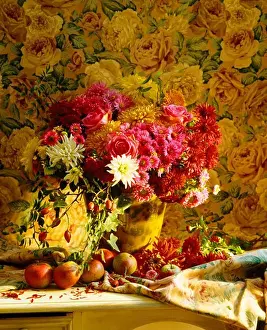 Ceramic Prints: Still-Life of vase of late summer flowers against rose-patterned wallpaper
