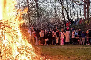 Swedish Prints: Stockholm, Sweden April 30, 2025 A large bonfire is lit in a public park to celebrate Walpurgis night