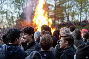 Swedish Prints: Stockholm, Sweden April 30, 2025 A large bonfire is lit in a public park to celebrate Walpurgis night