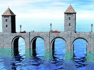 Graphic Prints: Stone bridge with towers in the water stone bridge with towers in the water