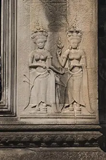 Trips Prints: Two stone carved bas relief apsaras (celestial maidens) at Angkor Wat