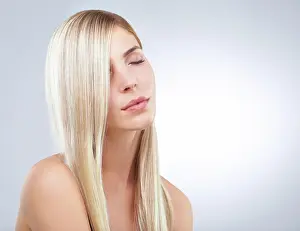 Straight Prints: Straight hair, beauty and woman with eyes closed in makeup isolated on a white studio background