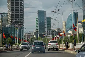Street Scene Prints: Street scene with traffic in the center of Ulaanbaatar, the capital city of Mongolia