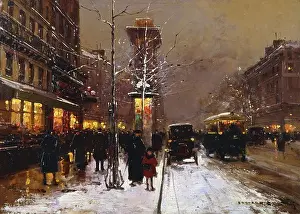 Street Scene Prints: A Street Scene in Winter, Paris. Edouard-Leon Cortes (1882-1969). Oil on canvas. 33 x 46cm