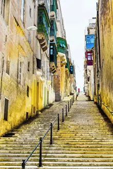 Balcony Prints: Street with stairs in Valletta Typical narrow street with stairs on the island of Malta
