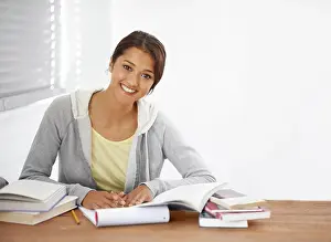 Campus Prints: Student, woman and portrait with books for study